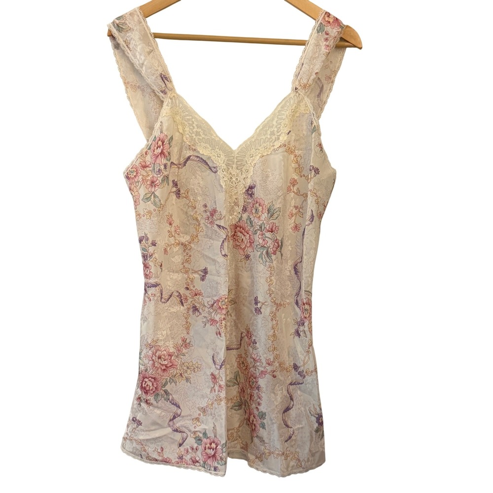 Lucie Ann II Floral Chemise Nightgown Womens M Cream Good Vintage Lace Satin